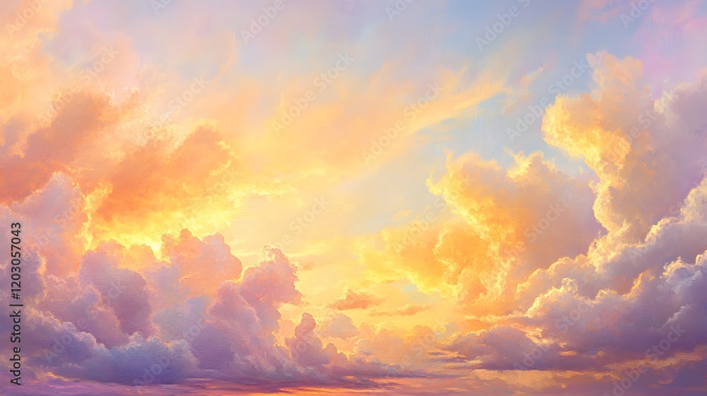 Fototapeta premium Golden Hues Of A Sunset Sky With Fluffy Clouds