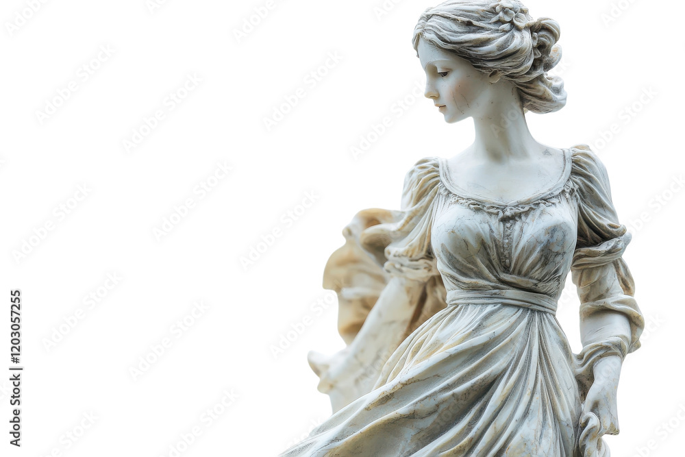 Naklejka premium Elegant sculpture of a woman in flowing dress captured against a bright background in an art exhibition