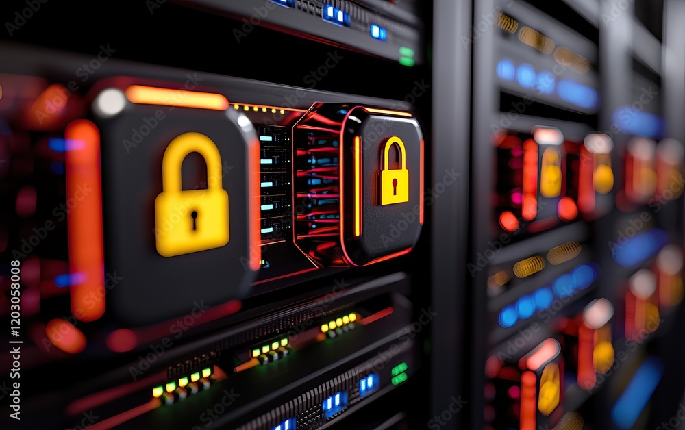 A close-up view of server hardware featuring lock icons, symbolizing data security and protection in a digital environment. A close-up view of server hardware featuring lock icons, symbolizing data security and protection in a digital environment.