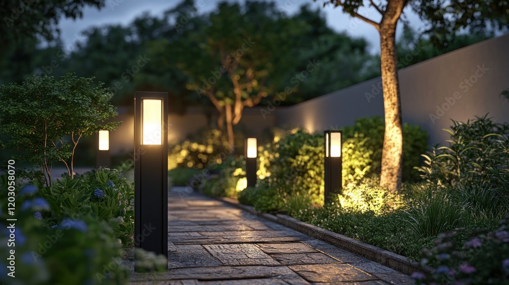 Illuminated garden path, dusk, landscaping, pathway lighting Illuminated garden path, dusk, landscaping, pathway lighting
