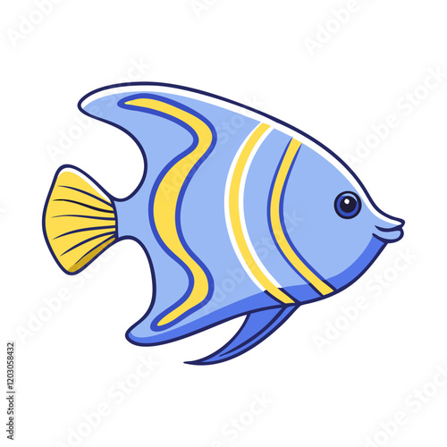 Cartoon illustration of a blue and yellow angelfish, Vector cartoon illustration of an angelfish with a bright blue body, yellow accents, and flowing fins, showcasing an elegant aquatic design.  
