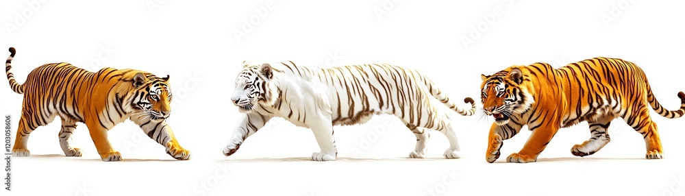 Tigers in various colors walking, white isolate background. Tigers in various colors walking, white isolate background.