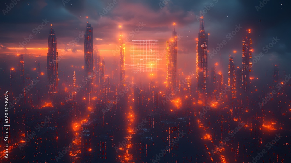 Obraz premium Futuristic city sunset, screen glowing, cloudscape, advertising