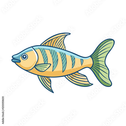 Cartoon illustration of a striped yellow and blue fish, Vector cartoon illustration of a fish with yellow and blue stripes, green fins, and a playful aquatic design featuring vibrant colors.  
