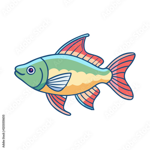 Cartoon illustration of a green and red fish, Vector cartoon illustration of a fish with a green body, yellow belly, and red fins, featuring a vibrant and playful aquatic design.  
