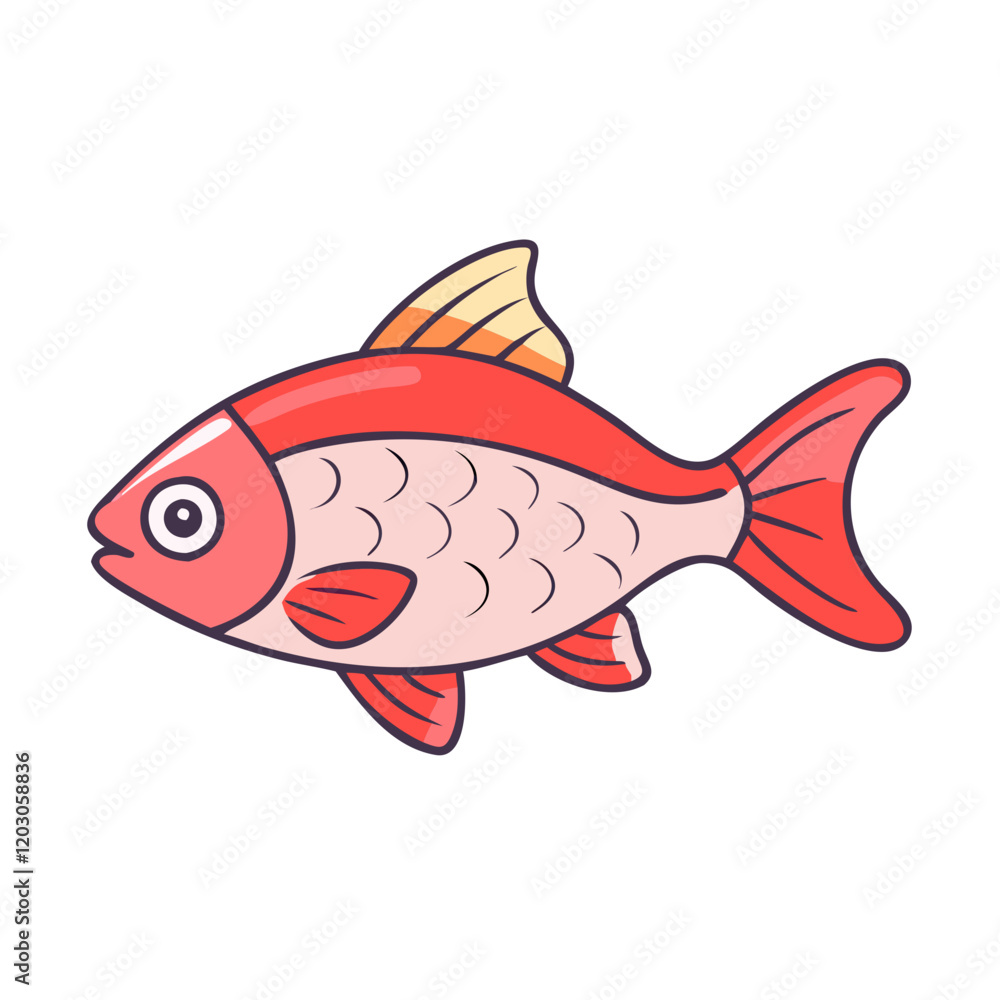 Fototapeta premium Cartoon illustration of a red and pink fish, Vector cartoon illustration of a fish with red and pink scales, yellow dorsal fin, and a playful aquatic design featuring detailed fins. 