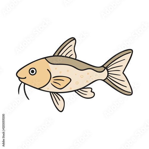 Simple catfish illustration in beige, Minimalistic illustration of a catfish with beige and brown tones, showcasing its whiskers and fins, perfect for aquatic themes. 
