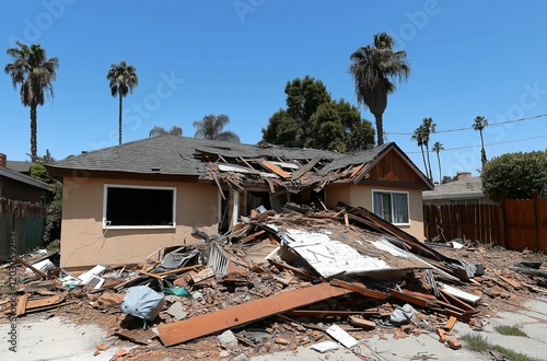 Devastated Wooden Houses Collapsed Due to Earthquake Damage in an Urban Area
