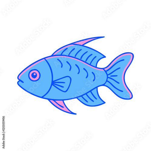 Cartoon fish with blue body and pink accents, A cartoon fish featuring a vibrant blue body with pink-accented fins and a minimalistic design, ideal for aquatic-themed projects and illustrations.  
