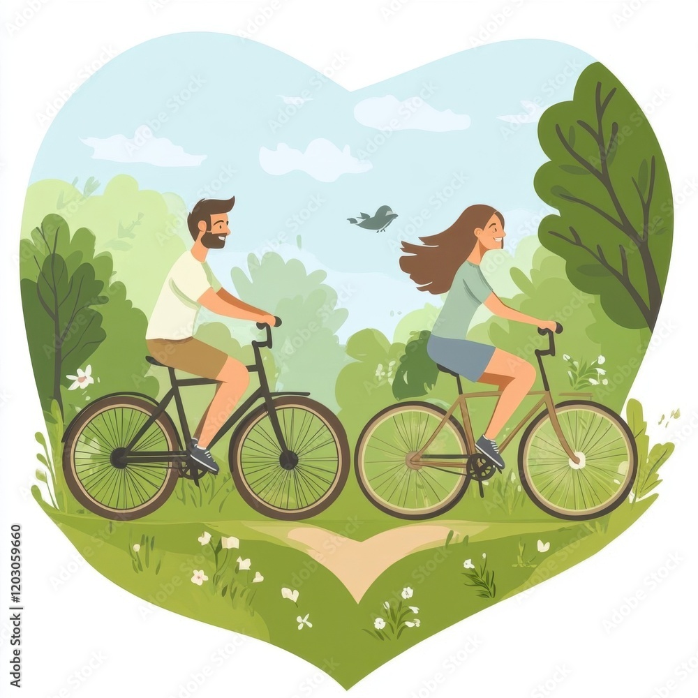 Naklejka premium Couple biking in a lush landscape, symbolizing love and outdoor adventure.