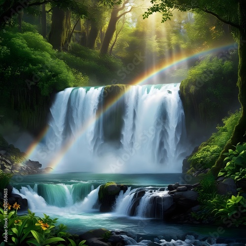 Majestic Waterfall Rainbow Sun Rays Lush Forest Nature Scene Landscape