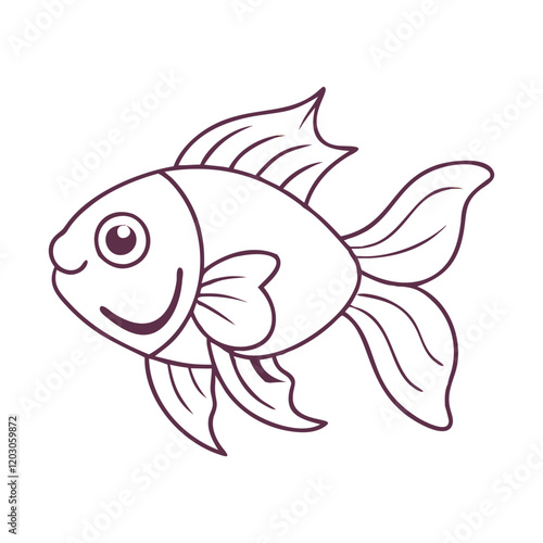 Line art of a smiling goldfish, A simple line art illustration of a goldfish with flowing fins and a cheerful smile, perfect for coloring or creative projects.  
