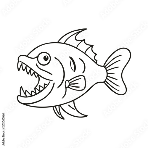 Line art of fish with sharp teeth, A black and white line drawing of a fish with sharp teeth and spiky fins, ideal for coloring or creative projects.  
