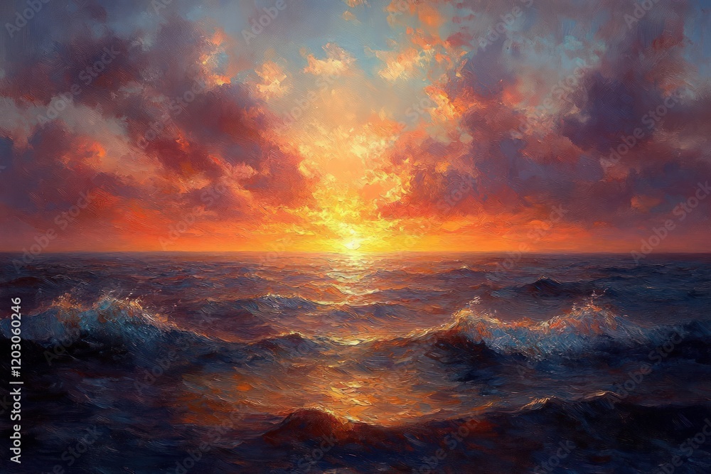 Fiery sunset over dark, rolling ocean waves. Fiery sunset over dark, rolling ocean waves.