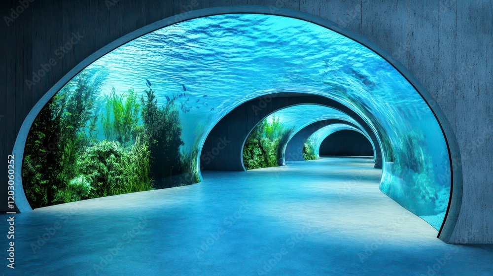 Fototapeta premium Modern aquarium interior with underwater view and greenery