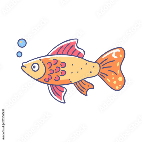 Colorful orange and yellow fish vector, Vector illustration of a fish with orange and yellow tones, pink fins, spotted tail, and bubbles, perfect for aquatic-themed designs.  
