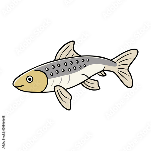 Gray and gold fish vector illustration, Vector illustration of a sleek fish with a gray and gold body, dotted pattern, and elegant fins, perfect for aquatic-themed designs.  
