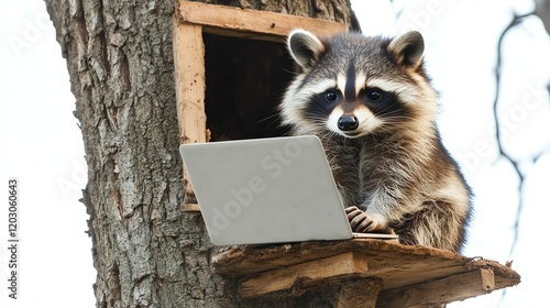 Raccoon using a laptop in a tree, captured in a natural setting. photo