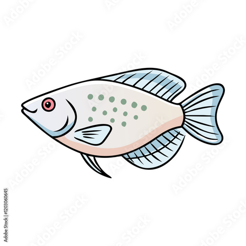 Light-colored fish with green spots vector, Vector illustration of a light-colored fish with green spots, blue fins, and sleek details, ideal for aquatic, marine, or decorative designs.  
