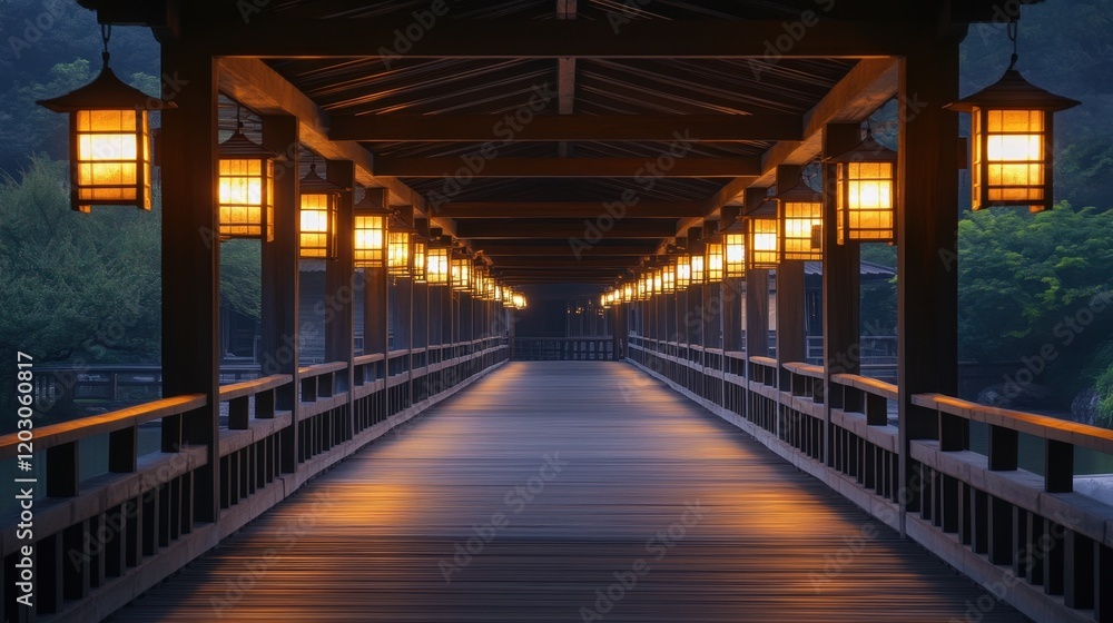 Traditional Japanese bridge with lanterns at night Traditional Japanese bridge with lanterns at night