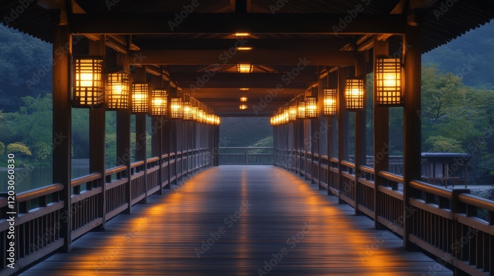 Traditional Japanese bridge with lanterns at night Traditional Japanese bridge with lanterns at night