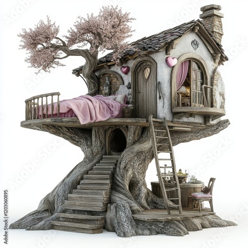 Whimsical treehouse with a cozy interior and pink foliage, perfect for a fantasy setting. photo