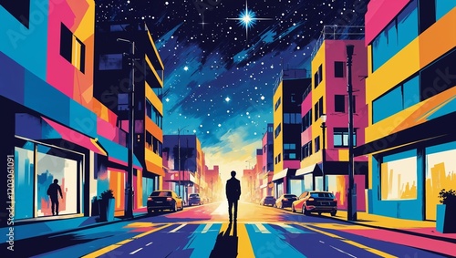 Abstract design Oil paint, Sketch Street scene with silhouette of one person and starry sky.