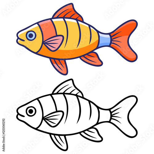 Colorful and outline striped fish vector, Vector illustration of a striped fish in vibrant orange, yellow, and blue with a black-and-white outline version for versatile designs.  
