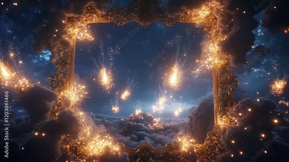 A festival card showcasing golden and silver fireworks exploding in a decorative border, with soft glowing effects on a deep blue sky, 4K render A festival card showcasing golden and silver fireworks exploding in a decorative border, with soft glowing effects on a deep blue sky, 4K render