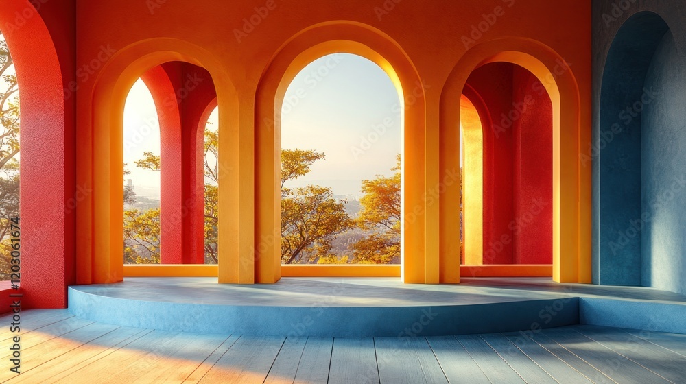 Fototapeta premium Vibrant architectural interior with colorful arches and scenic view of nature at sunset