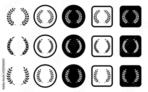 laurels icon. Set of black circular foliate laurels branches. Vector black laurels set. Emblem floral greek branch flat style