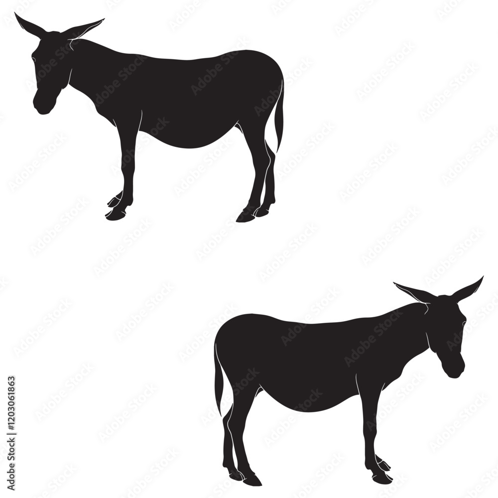 Fototapeta premium Donkey Silhouette, Donkey Vector Silhouette, Donkey cartoon Silhouette, Donkey illustration, Donkey icon Silhouette, Donkey Silhouette illustration