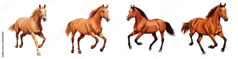 Obraz premium A herd of beautiful chestnut bay and sorrel horses galloping and running freely through a lush green meadow The powerful and graceful equine animals display their speed strength