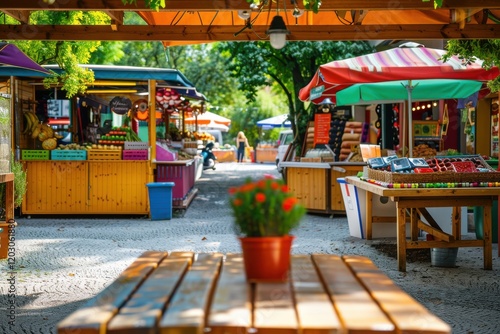 Wallpaper Mural Vibrant outdoor market bustling with colorful stalls.  A rustic wooden table sits center stage, perfect for showcasing artisanal goods. Sunny day, inviting atmosphere. Ideal product placement. Torontodigital.ca
