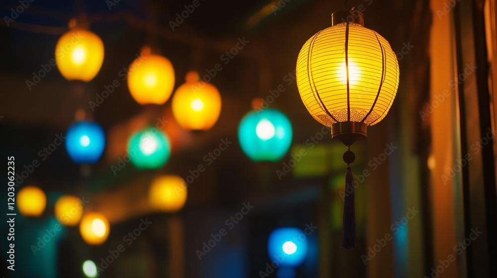 Colorful lanterns illuminated at night, creating a festive atmosphere. Colorful lanterns illuminated at night, creating a festive atmosphere.