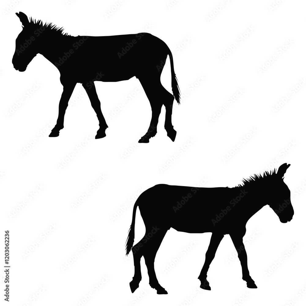 Fototapeta premium Donkey Silhouette, Donkey Vector Silhouette, Donkey cartoon Silhouette, Donkey illustration, Donkey icon Silhouette, Donkey Silhouette illustration