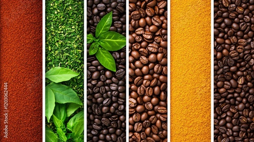 Aromatic Spices and Coffee Collage: A vibrant collage showcasing the rich textures and colors of various spices and coffee beans.  Vertical strips of paprika, green tea leaves, coffee beans.