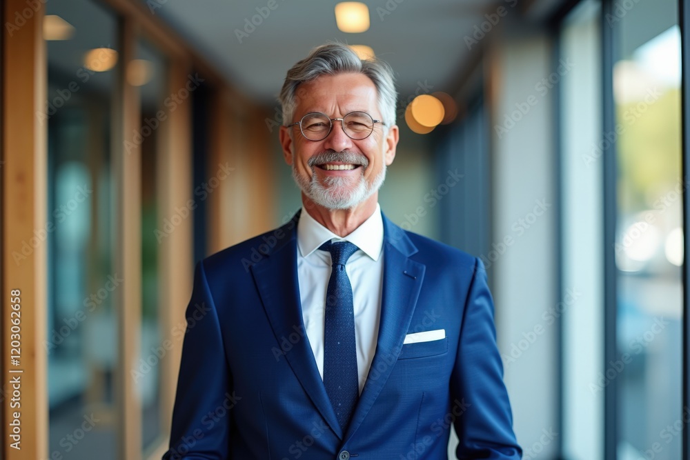 Professional Senior Businessman in Suit Smiling Confidently in Modern Office Environment, Exuding Charm and Experience Professional Senior Businessman in Suit Smiling Confidently in Modern Office Environment, Exuding Charm and Experience