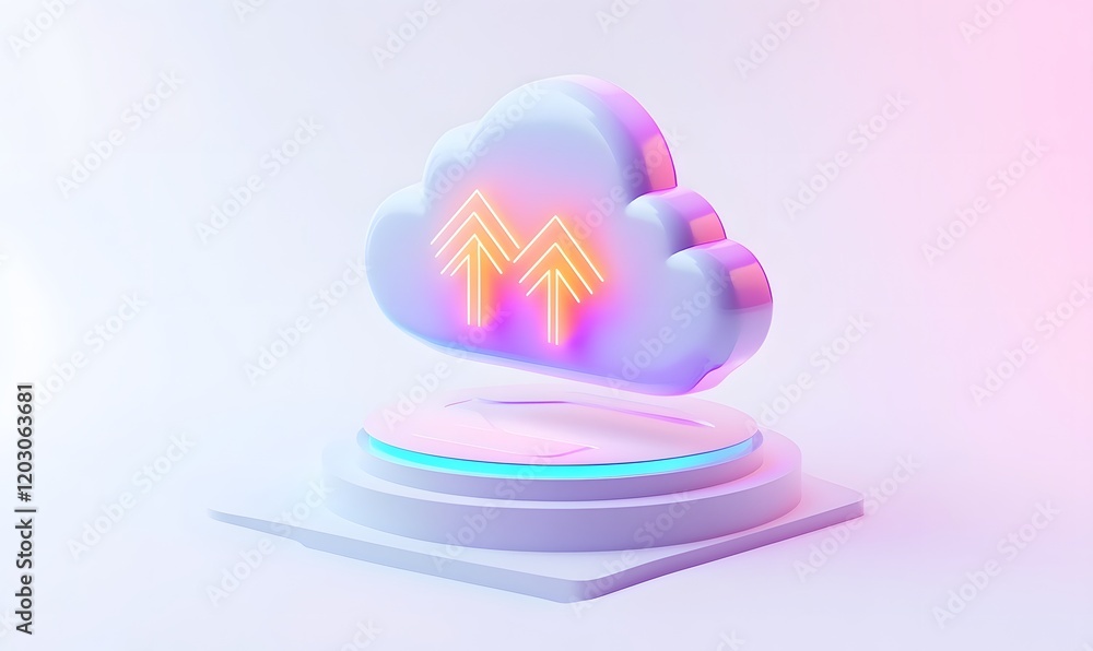 Obraz premium 3D cloud icon with upward neon arrows on a platform, symbolizing data upload or cloud storage.