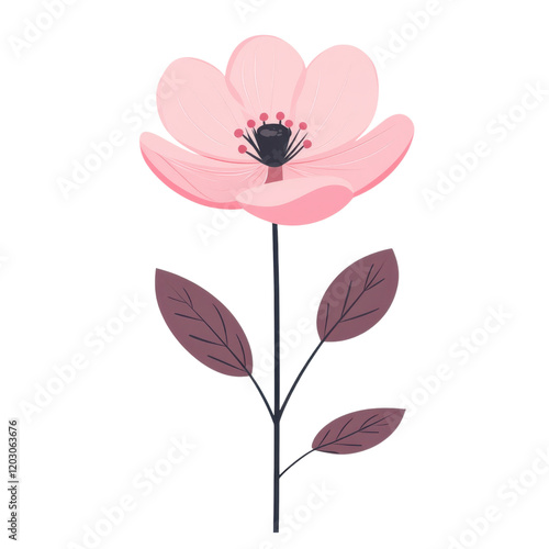 Elegant Minimalist Floral Illustration Featuring a Delicate Pink and White Flower with Dark Green Leaves on a Transparent Background