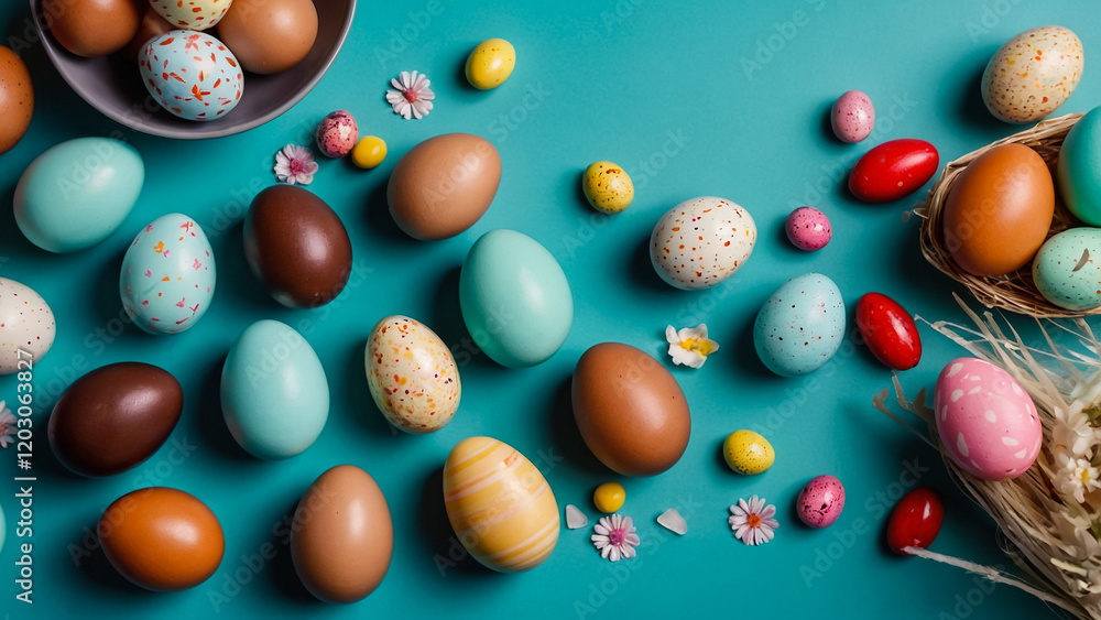 Row of colorfully painted Easter eggs on blue wooden background, wide angled image. Row of colorfully painted Easter eggs on blue wooden background, wide angled image.