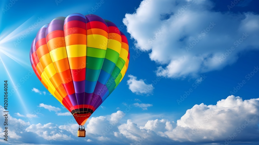 Fototapeta premium Whimsical air balloon gracefully floating and soaring under a vibrant colorful rainbow in a bright serene blue sky Peaceful captivating landscape with a sense of adventure and freedom