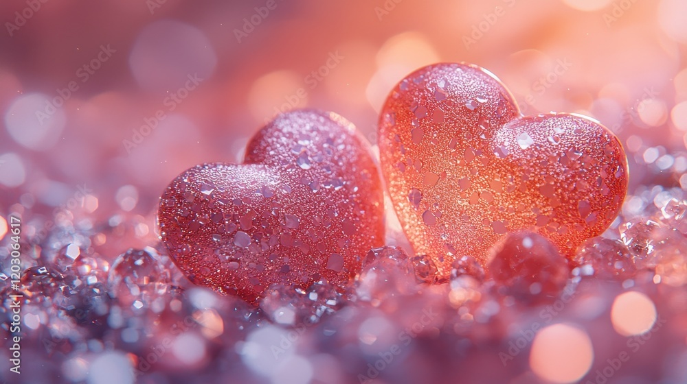 Obraz premium Two sparkly hearts on glitter, bokeh background, Valentine's concept