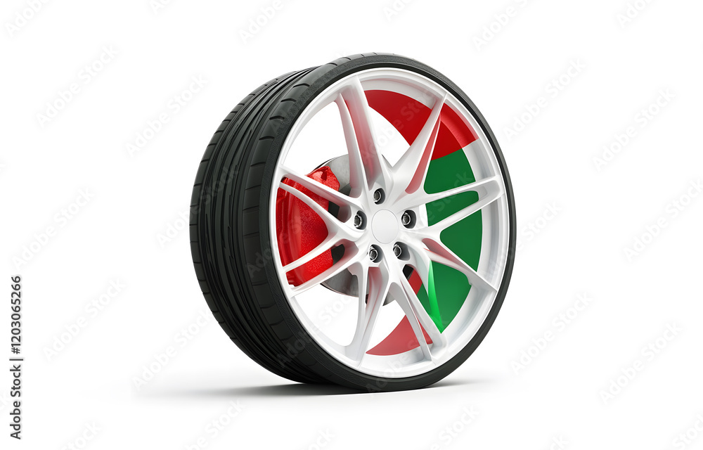Colorful Car Tires Stack with Black, Green, and Red Treads