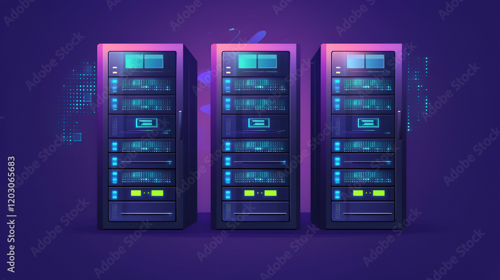 Three servers, data center, digital background, network Three servers, data center, digital background, network