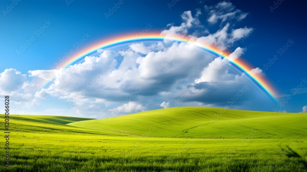 Breathtaking panoramic view of a vivid rainbow stretching across the horizon of a serene rolling prairie landscape with lush green fields and a dramatic colorful sky Breathtaking panoramic view of a vivid rainbow stretching across the horizon of a serene rolling prairie landscape with lush green fields and a dramatic colorful sky