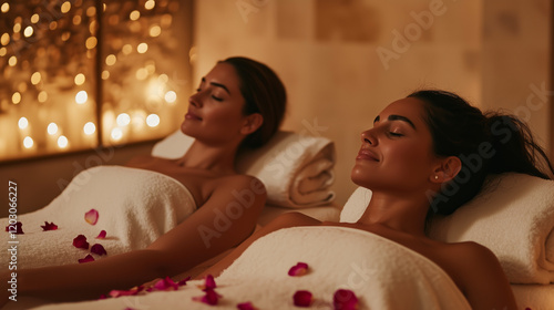 Two women relaxing on spa beds with a serene ambiance, rose petals, and warm lighting, evoking happiness and comfort.