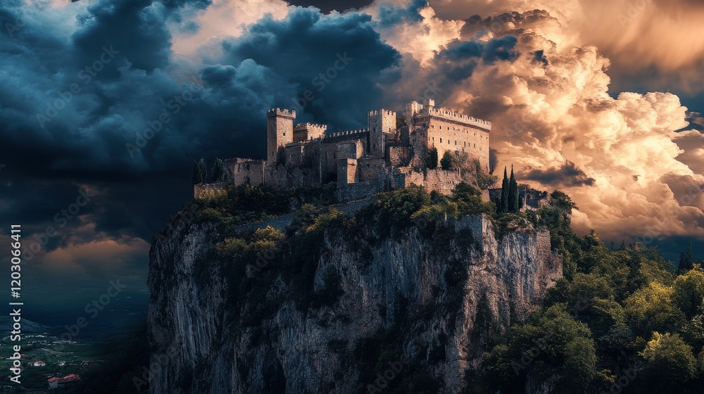 Fototapeta premium A majestic castle perched atop a rocky cliff, surrounded by dramatic storm clouds, with lush greenery in the foreground and a vast landscape visible in the background