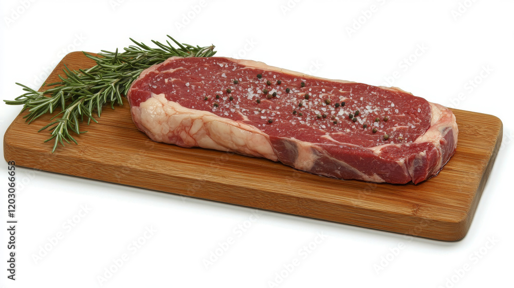 Raw Strip Steak with Rosemary and Seasoning on Wooden Cutting Board Raw Strip Steak with Rosemary and Seasoning on Wooden Cutting Board