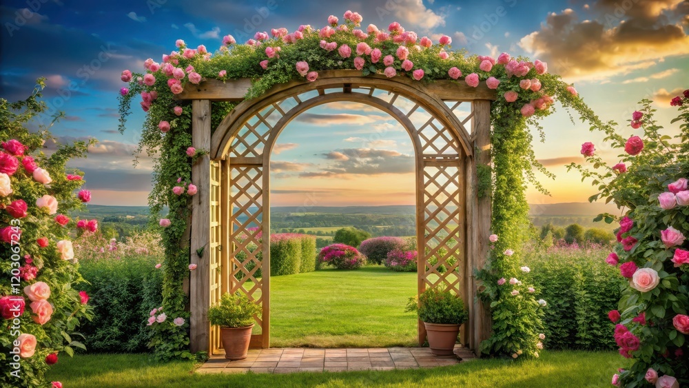 Fototapeta premium Elegant rose-covered arbor with a window and ornate wooden frame , serene landscape, decor, serene landscape